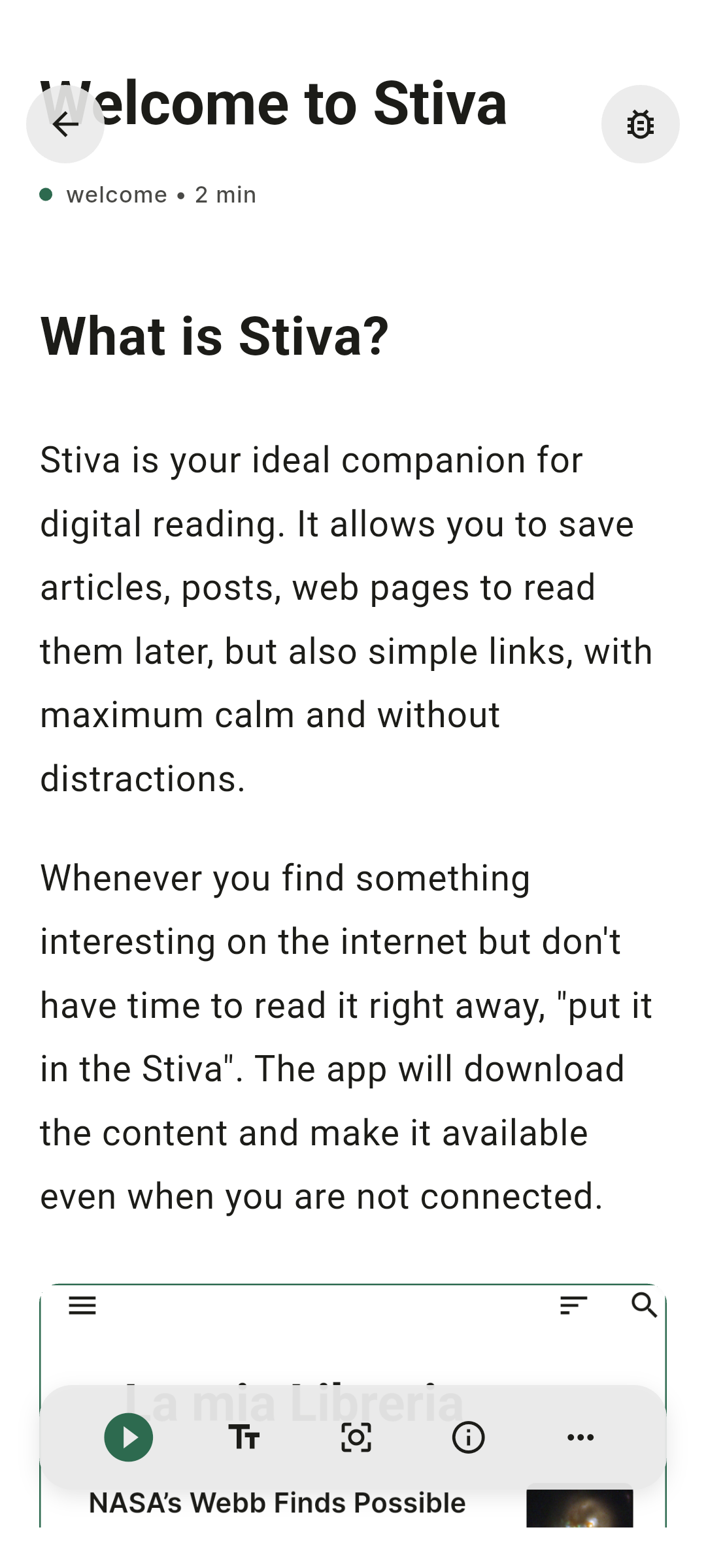 Stiva reader screen